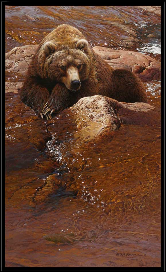 Painting of a grizzly bear laying down in a stream