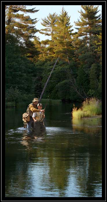 Father and Son fishing in stream