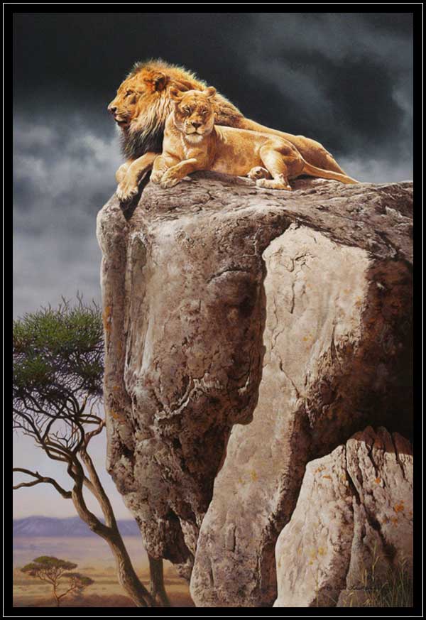 Painting of African lions on rocks