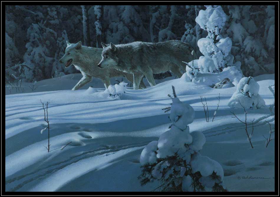 Enlarged image of a painting of two wolves in the winter moonlight